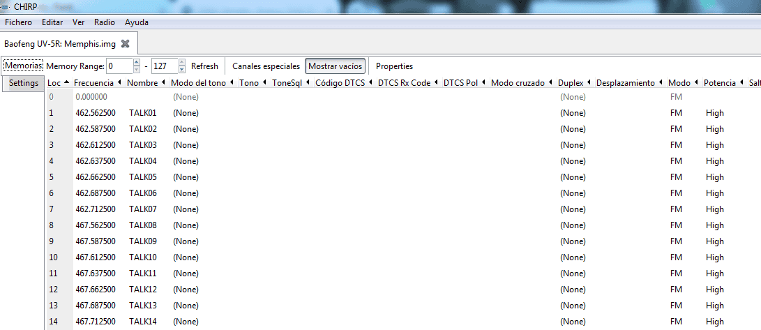 Imagen de configuración de memorias en radios BAOFENG para carga y programación.