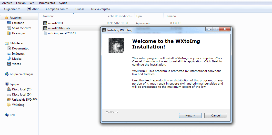 Imagen de la instalación de WXtoimg para recepción automática de imágenes NOAA en Buenos Aires.