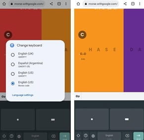 Imagen de una pantalla móvil mostrando el teclado Morse en una app de aprendizaje.